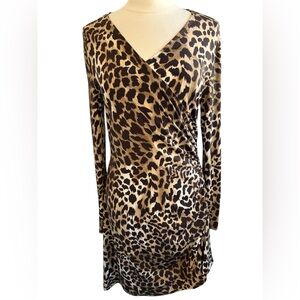 Michael Kors Brown Cheetah Print Faux Wrap Midi Dress Gold side zipper Size 12